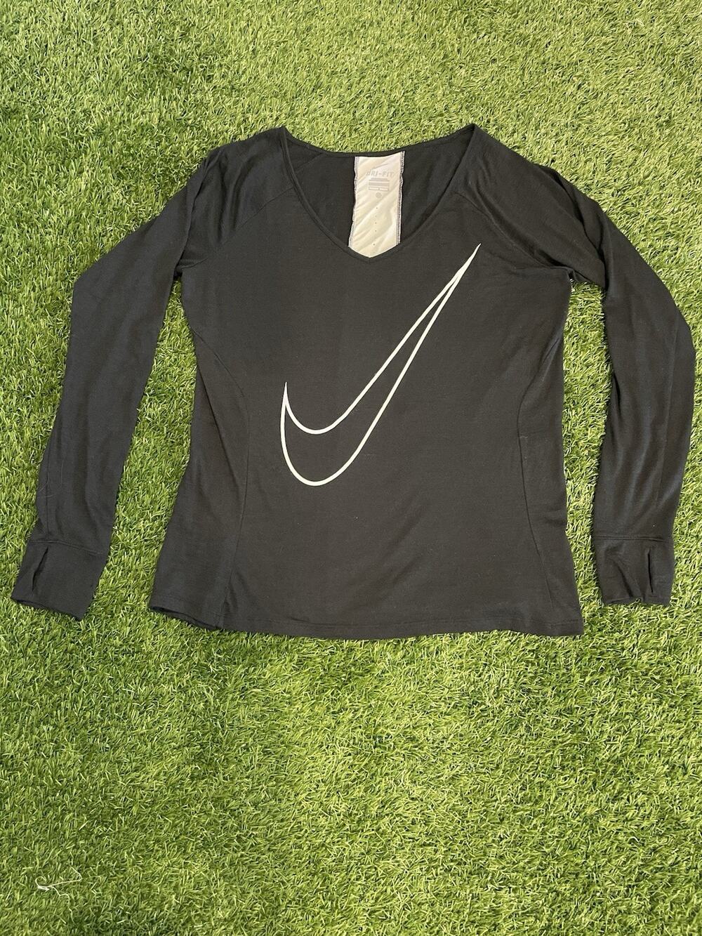 Nike Dri-FIT Women's V-Neck Long Sleeve Shirt Big Outline Swoosh Black Size L